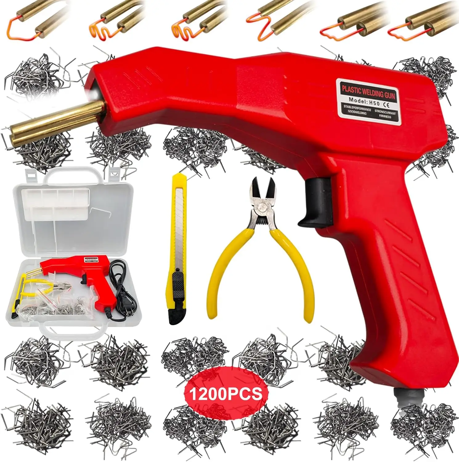 

Plastic Welder 1200 PCS Hot Stapler Kit with LED Light, 6 Types Staples for Bumper & Kayak Repair, AC110V-130V (Red)
