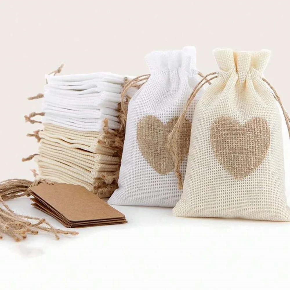 20 pcs Custom Heart-Shaped Burlap Bag Drawstring Linen Gift Bag,Mini Gift Bag Perfect For Valentine's Day,Wedding,Birthday,