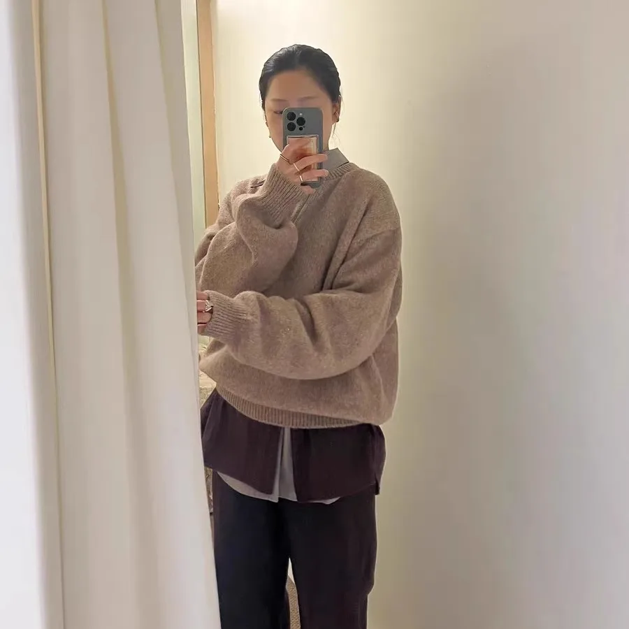 

Moia Simple Henry Collar Long Sve Soft Cozy Knitted Sweater Loose Fit Women's Autumn Winter Faion Casual Loose Sle