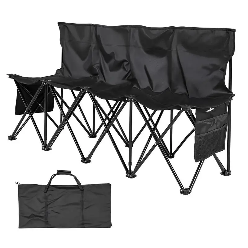 

Collapsible Team Chair 4-Person For Football Baseball Camping, Individual Backrests Side Storage Pockets Heavy Duty Frame Carrying Bag Included Portable Outdoor Seating Black