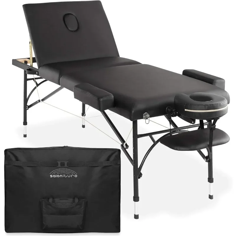 Professional Portable Lightweight Tri-Fold Massage Table with Aluminum Legs - Includes Headrest, Face Cradle, Armrests