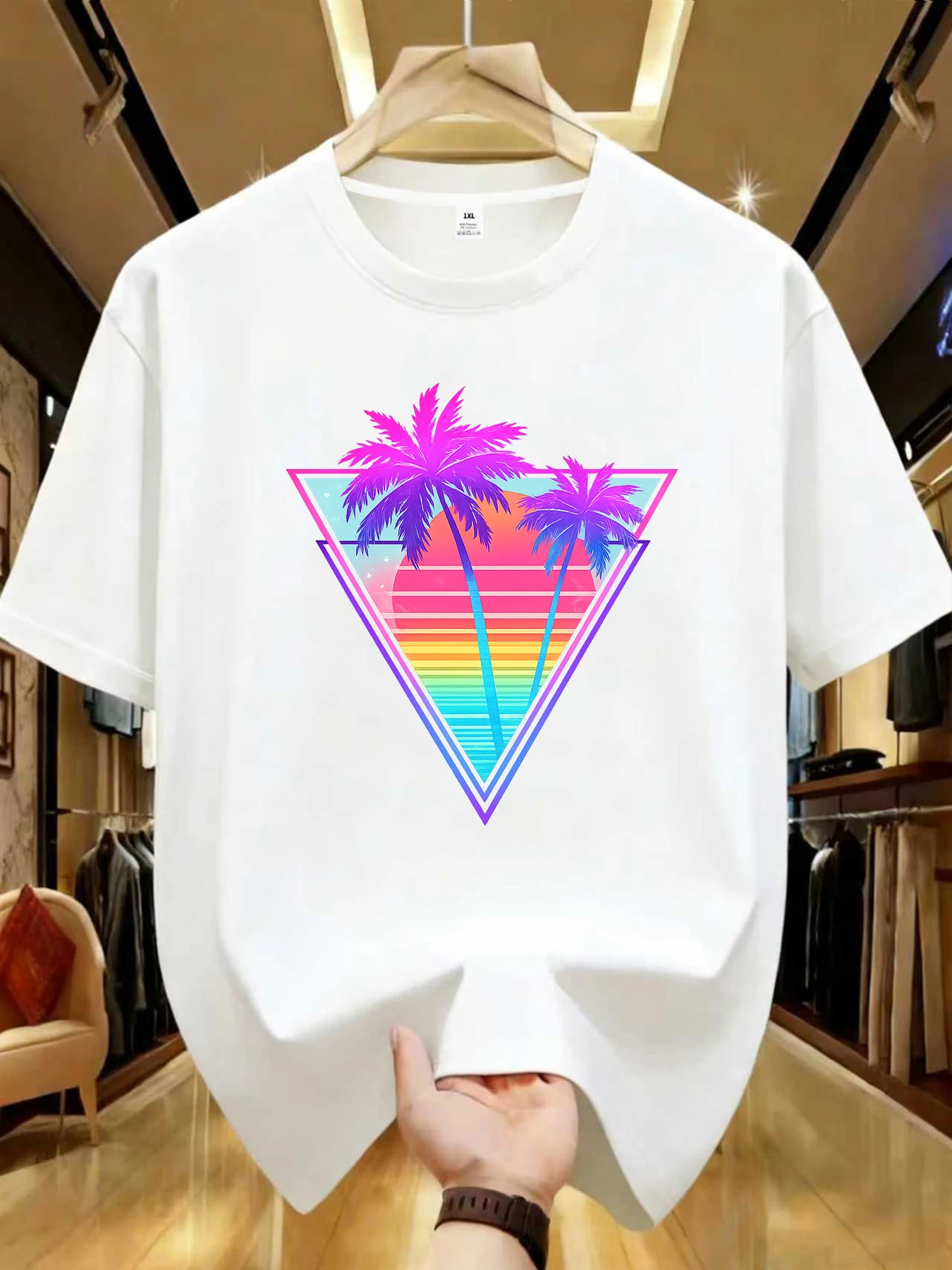 

【WDS0147】 Palm Tree Sunset Triangle Graphic Plus Size Women's Printed Crew Neck T-Shirt Summer Casual Short Sleeve Street Style