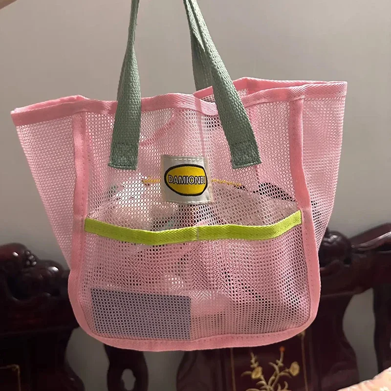 Pink Green Contrast Beach Bag Children\'s Toy Mesh Portable Storage Bag Outdoor Travel Swimming Toiletry Storage Bag Organizer