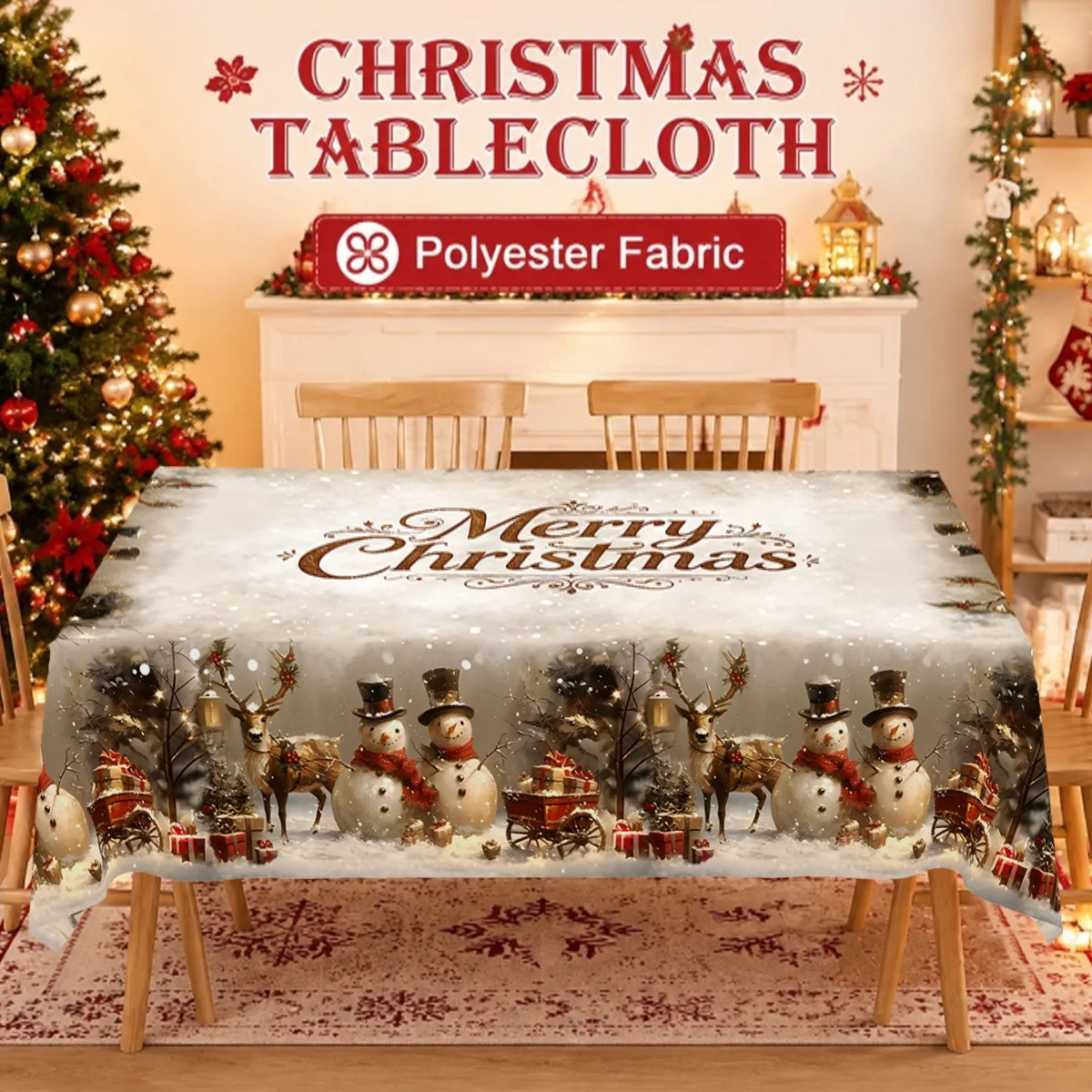 Beige Christmas Tablecloth Watercolor Snowman Print Round & Rectangle Polyester Tablecover for Winter Holiday Home Party Decor