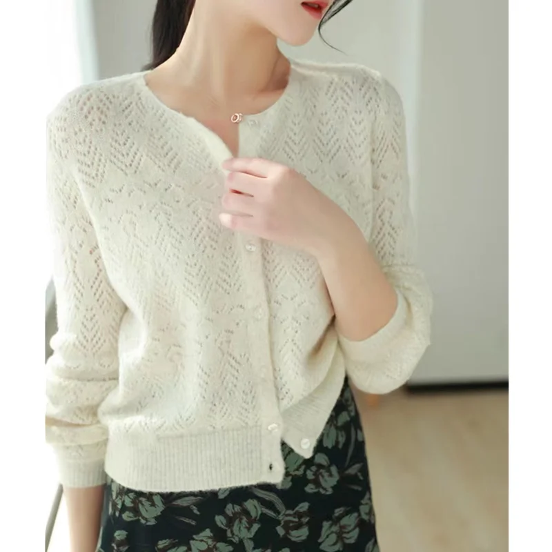 Fashion hollow-out 100% pure wool cardigan women spring and autumn round neck sweater short sweater loose cashmere small coat