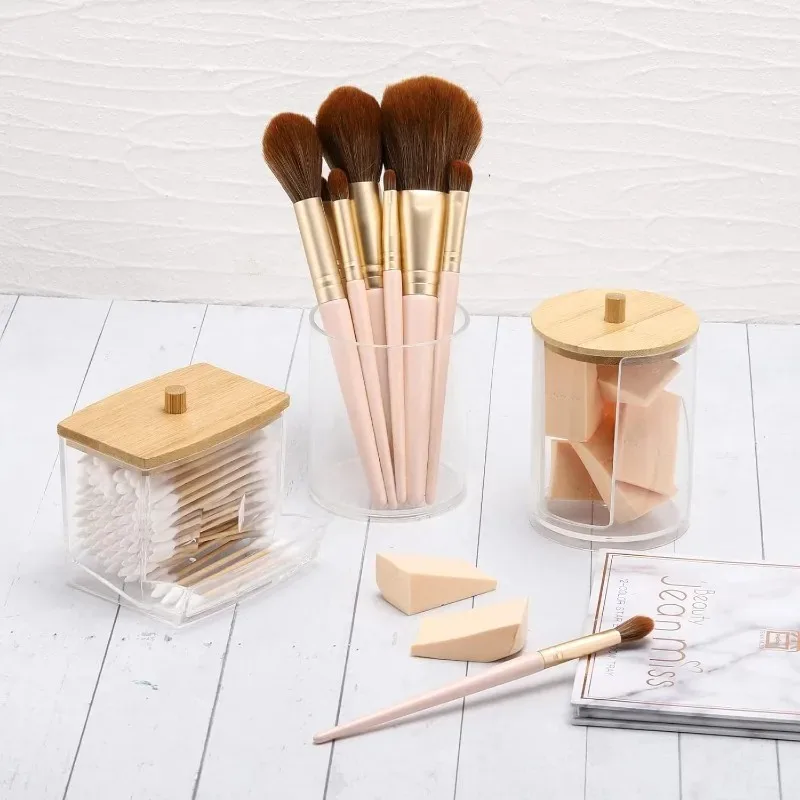 Transparent plastic storage box, multifunctional makeup desktop organizer, transparent cotton swab jar with lid
