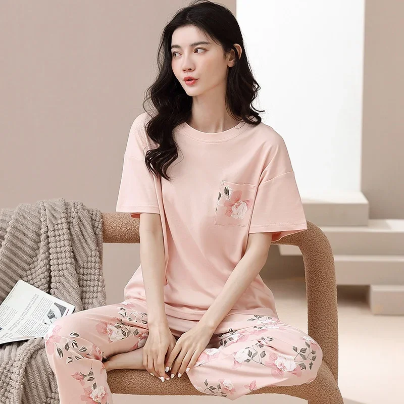 2025 Summer 100% Cotton Short Sleeve Long Pants Pajama Sets for Women Korean Cute Sleepwear Homewear Pijama Mujer Home Clothes