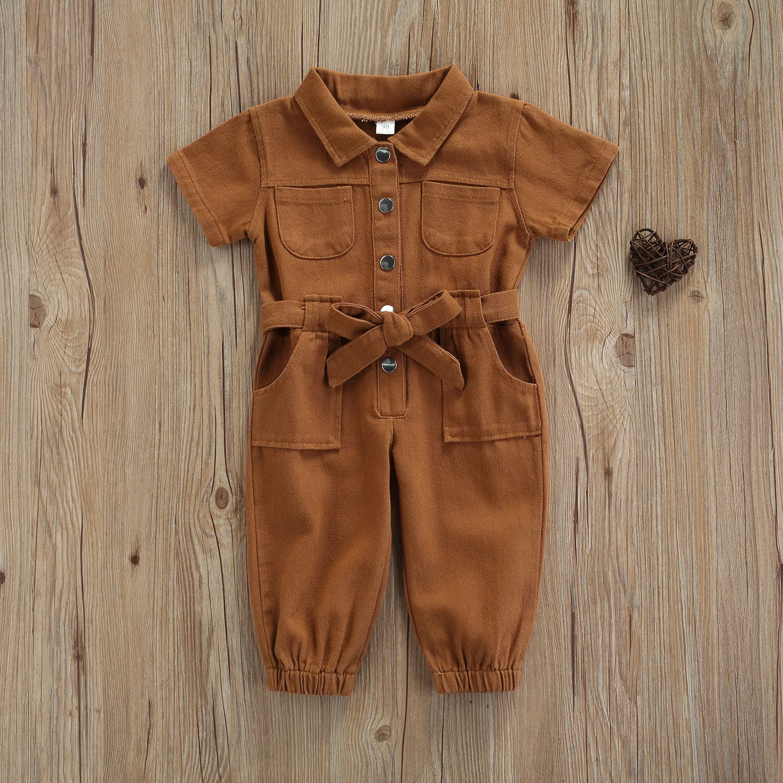 2PCS Toddler Baby Girl Jumpsuit Overalls Solid Color Short Sleeve Buttons Pockets Romper Long Pants Belt