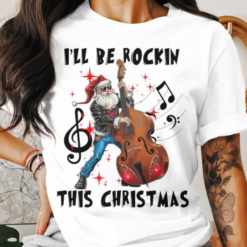 روكن رول سانتا يلعب تستقيم باس روكين هذا عيد الميلاد روكابيلي عيد الميلاد تي شيرت رائع عطلة الرسم قميص احتفالي عطلة ارتداء