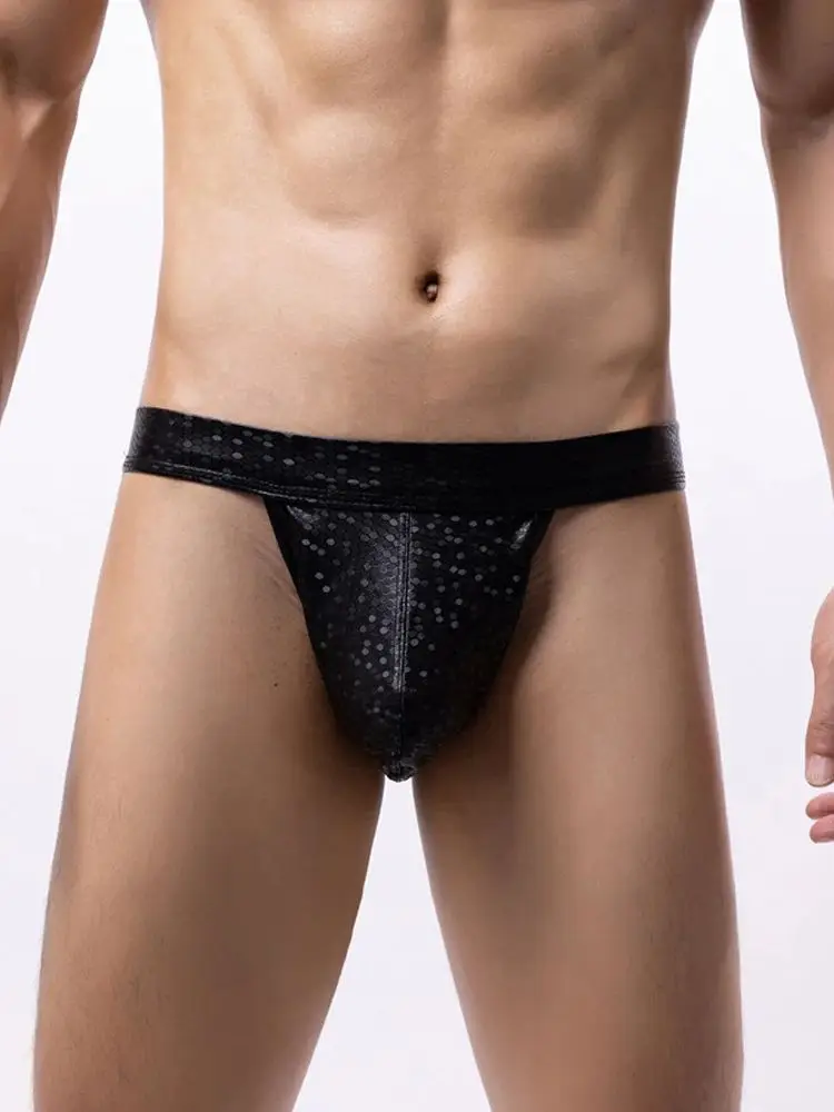 

M-XXL Faux PU Leather Convex Pouch Jockstrap Tanga G String Thong Men Crotchless Open Butt Sexy Briefs Ropa Underwear Panties