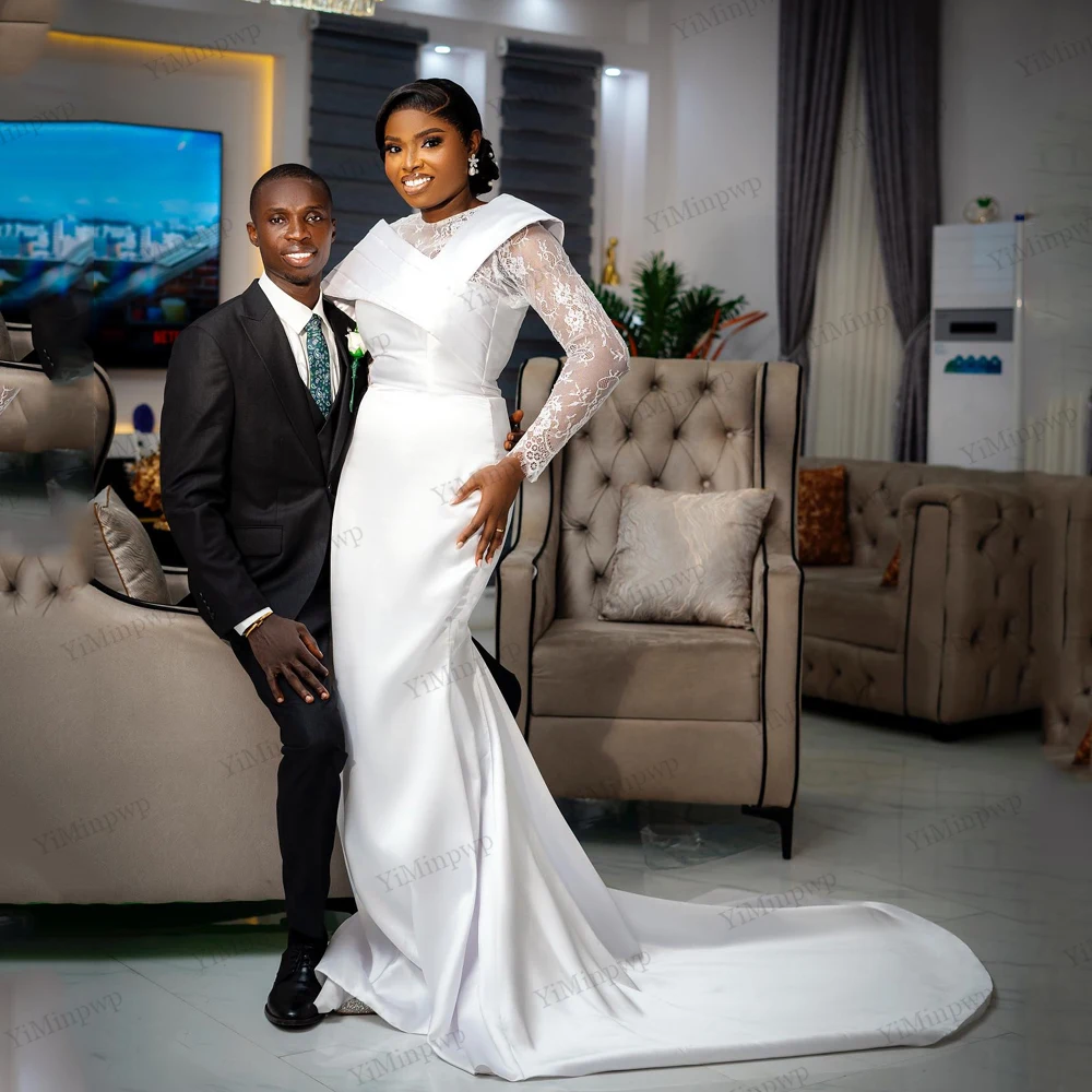 فستان زفاف Aso Ebi للعروس برقبة دائرية حورية البحر فساتين عروس طويلة أفريقية بأكمام كاملة من الساتان فيستدو دي نوفيا بودا مخصصة