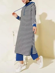 Muslim Two Piece Set Women Stripe Hooded Long Skirt Wide Leg Pants Suit Ramadan Morocco Dubai Casual Ensemble Arabic Outfits