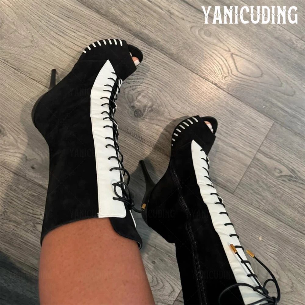 

Two Tone Platform Suede Boots Novelty Style Peep Toe Stiletto Boots Black and White Teeth Platform Multiple Lace-Up Zipper Boots