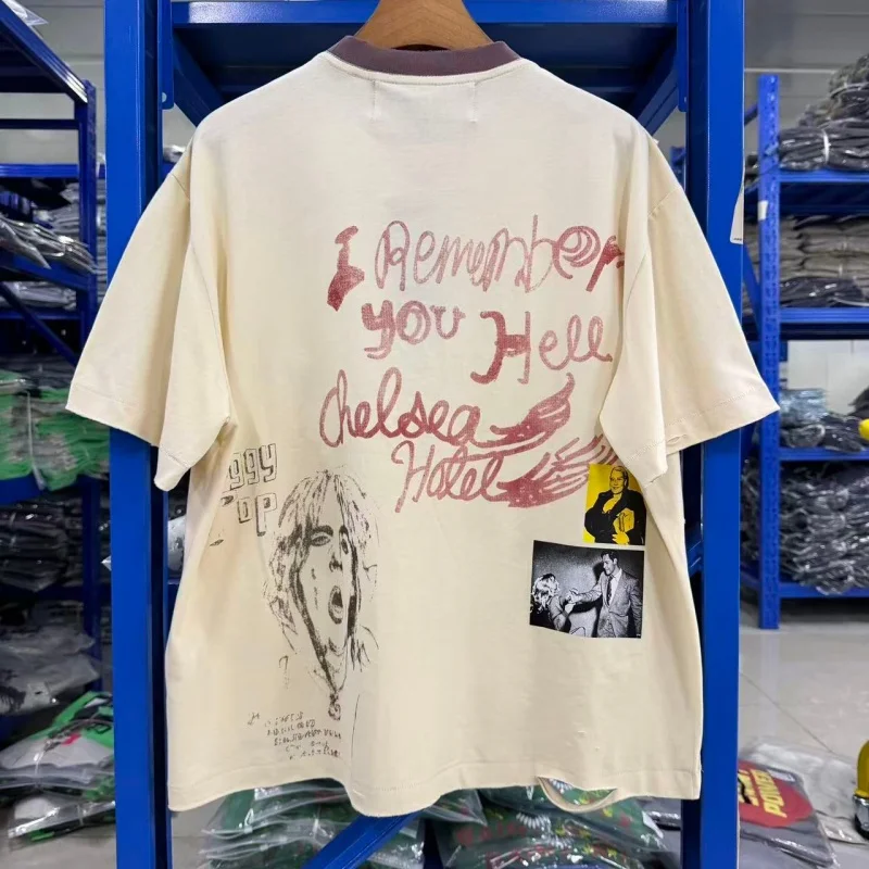 Vintage Cream Washed Ringer Neck Men T-Shirt PALY Distressed Retro City Sketch & Portrait Print Tee
