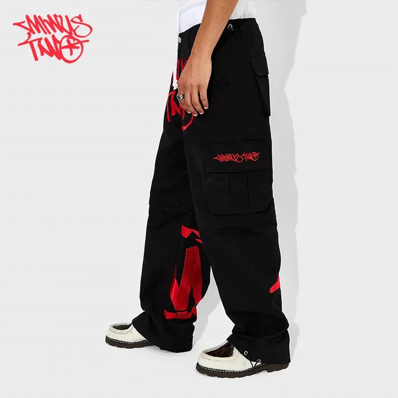 Minus Two High Street Hip Hop Multiple Pockets Cargo Pants For Men Women Casual High Waist Straight Baggy Trousers-Red Minustwo