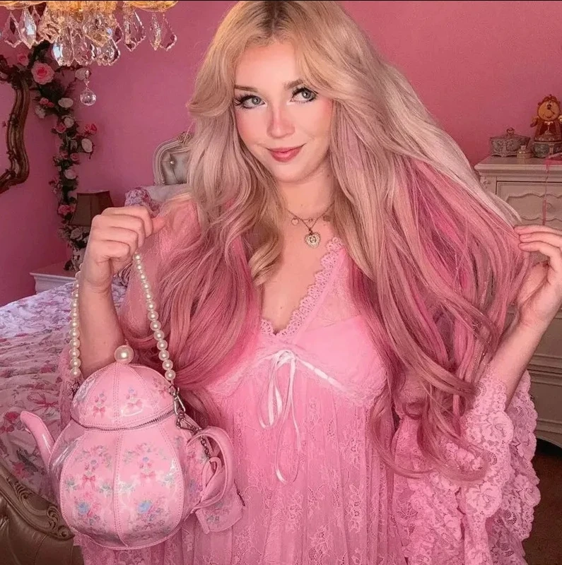 

Lolita Pearls Chains Bucket Handbags Teapot Design Kawaii Shoulder Bags Floral Printed Vintage Messenger Bags Women's Party Bags