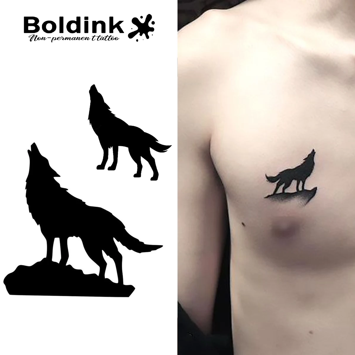 Boldink Wild Wolf Totem Tattoo Patch |   Doppeltes Wolf heulendes Design |   1–2 Wochen langlebiges, wasserdichtes temporäres Tattoo