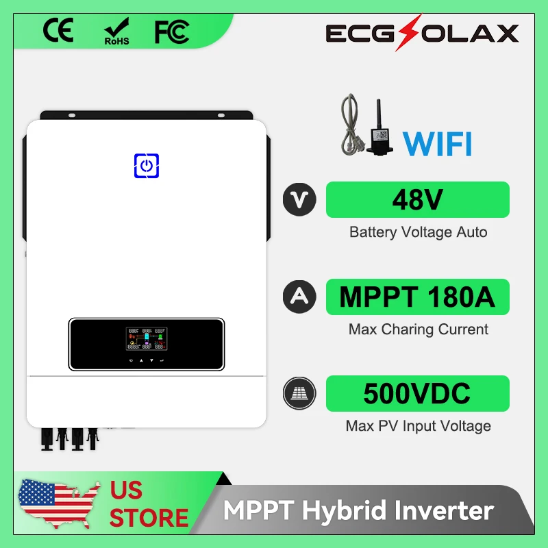 

ECGSOLAX 10.2KW Hybrid Solar Inverter 48V 230Vac With Dual MPPT 180A Charge Controller Pure Sine Wave Solar Inverter PV Max 500V