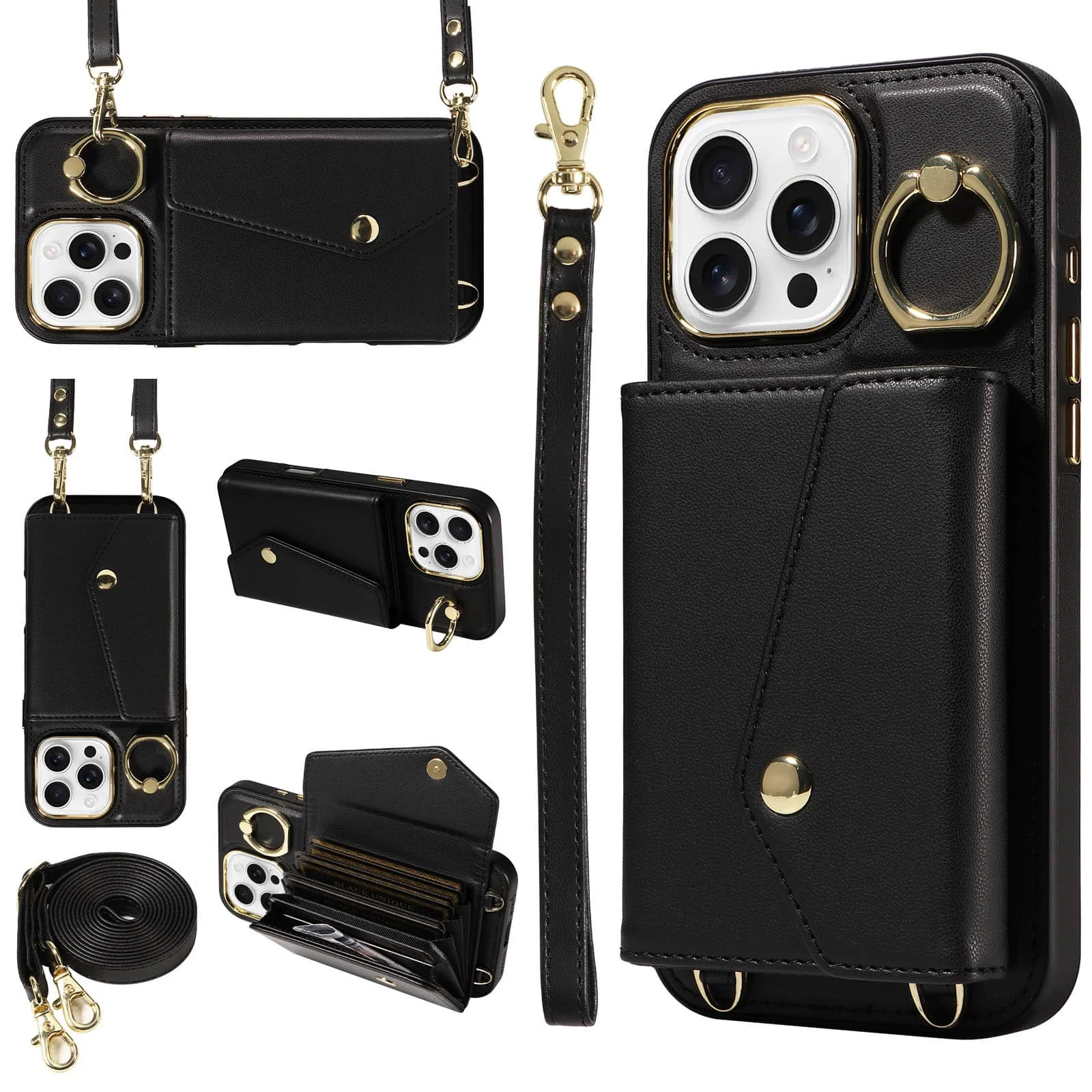 

Crossbody Wallet Case for iPhone 16/15/14/13/12 Pro Max 11 with Lanyard Strap, 360°Rotating Ring Kickstand Card Slot Holder