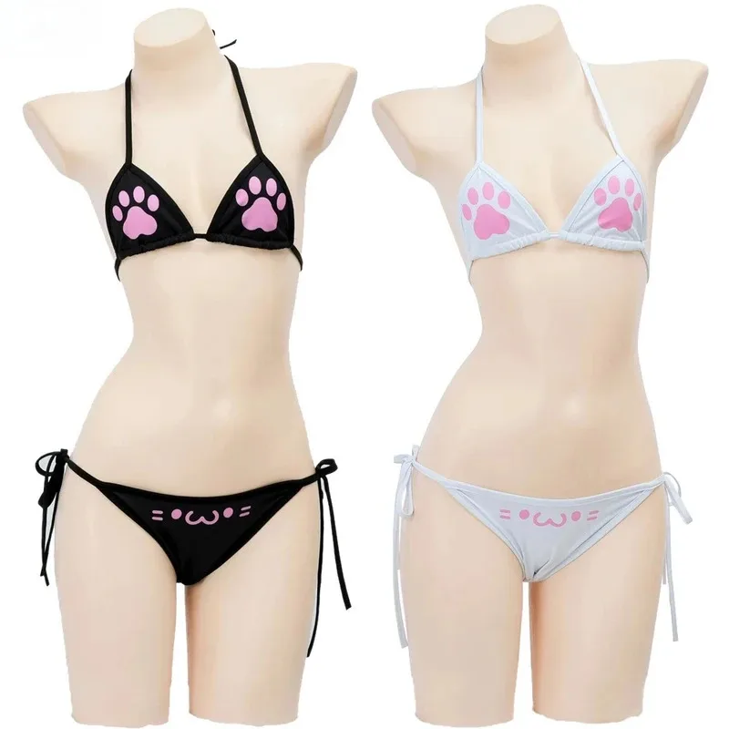L2025l nuevo Anime Kawaii chica lindo gato pata Bikini traje de baño mujeres patrón de garra conjunto de ropa interior de tres puntos disfraz Cosplay