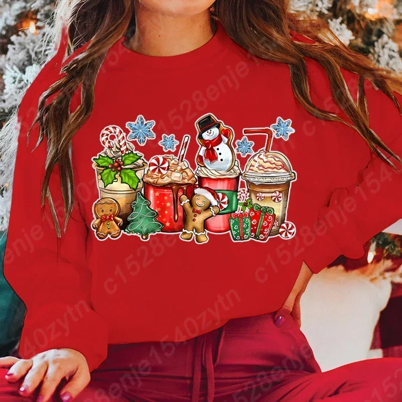 Festive Christmas Beverage Print Casual Fashion Women\'s Long Sleeve Crew Neck Sweatshirt Vintage Style Holiday Top for Ladies