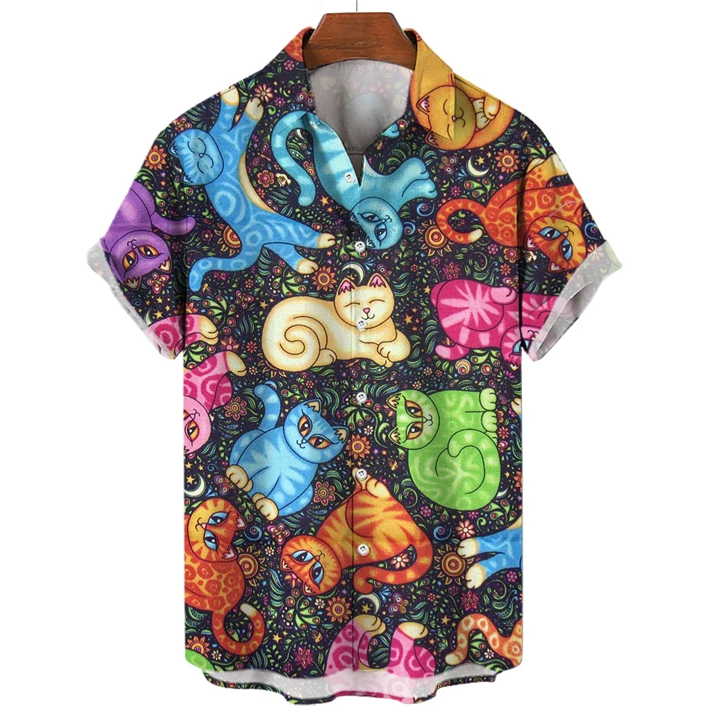 2023 3d Lapel Hawaiian Shirt Man Casual Short Sleeve Anime Shirts Cartoon Men\'s Shirt Summer Men Clothes Street Retro Animal Cat