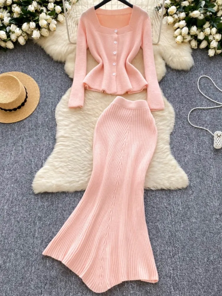 Fashion Women Casual Knitted Skirts Suit Elegant Solid Square Collar Tops Midi Mermaid Skirt Two Pieces Set Female New Outfits