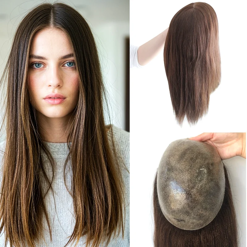 Hand-Tied Human Hair Woman Topper PU Base 7x9 16inch 0.1mm Hairpiece Ready Stock 72H Delivery Color 1B #4 #613 Wholesale