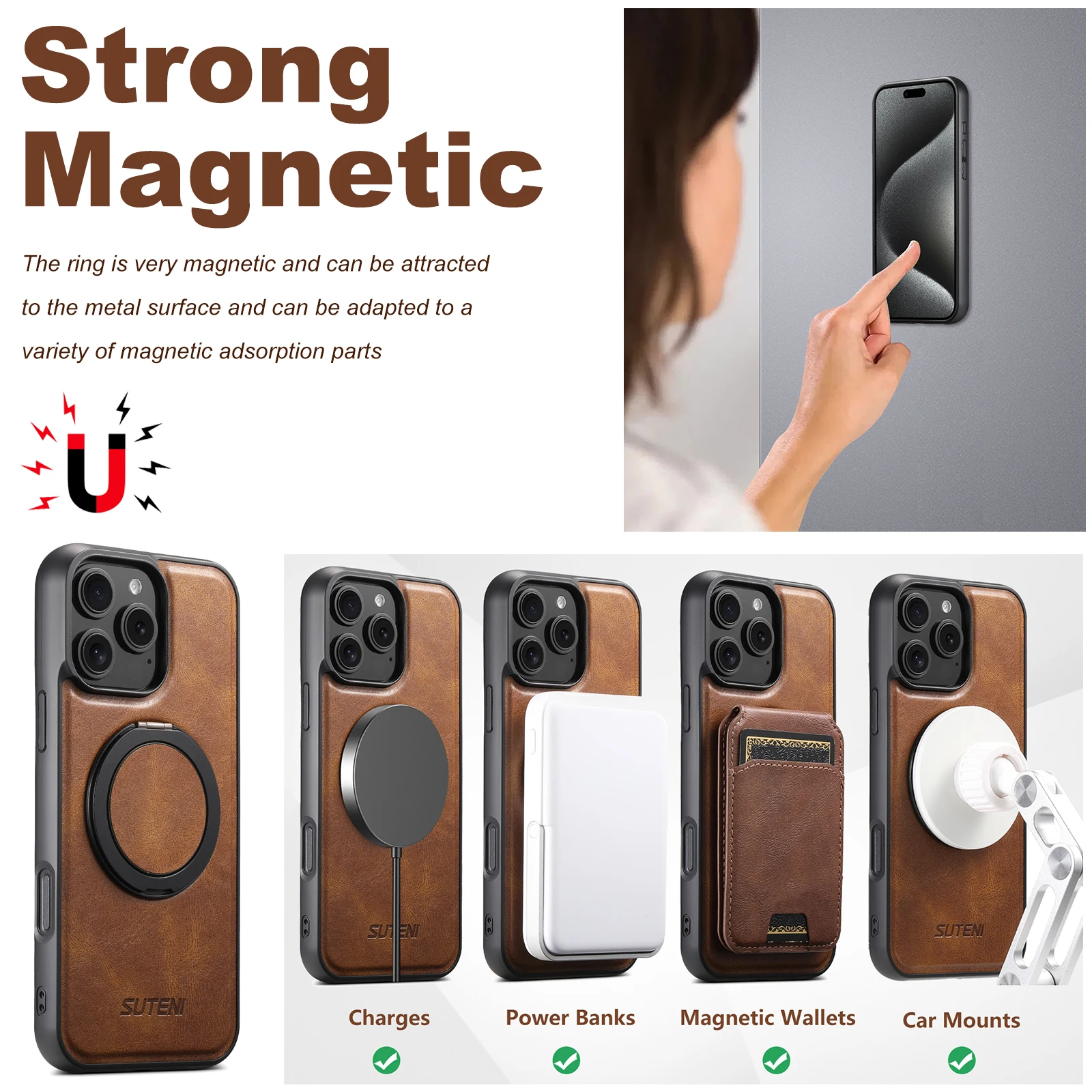 SUTENI Oil Wax PU Leather Wireless Ｃharging Phone Case 360° Rotating Stand Buckle For iPhone 17 Pro Max 16 Plus 15 Pro 14 13 12