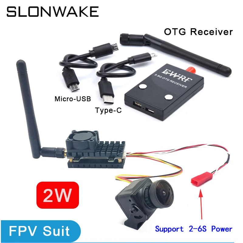 New Long Range 5.8Ghz 48CH 2W FPV Wireless VTX Viedo Transmitter and EWRF UVC OTG Receiver + CMOS 1200TVL 2.5mm FPV Camera