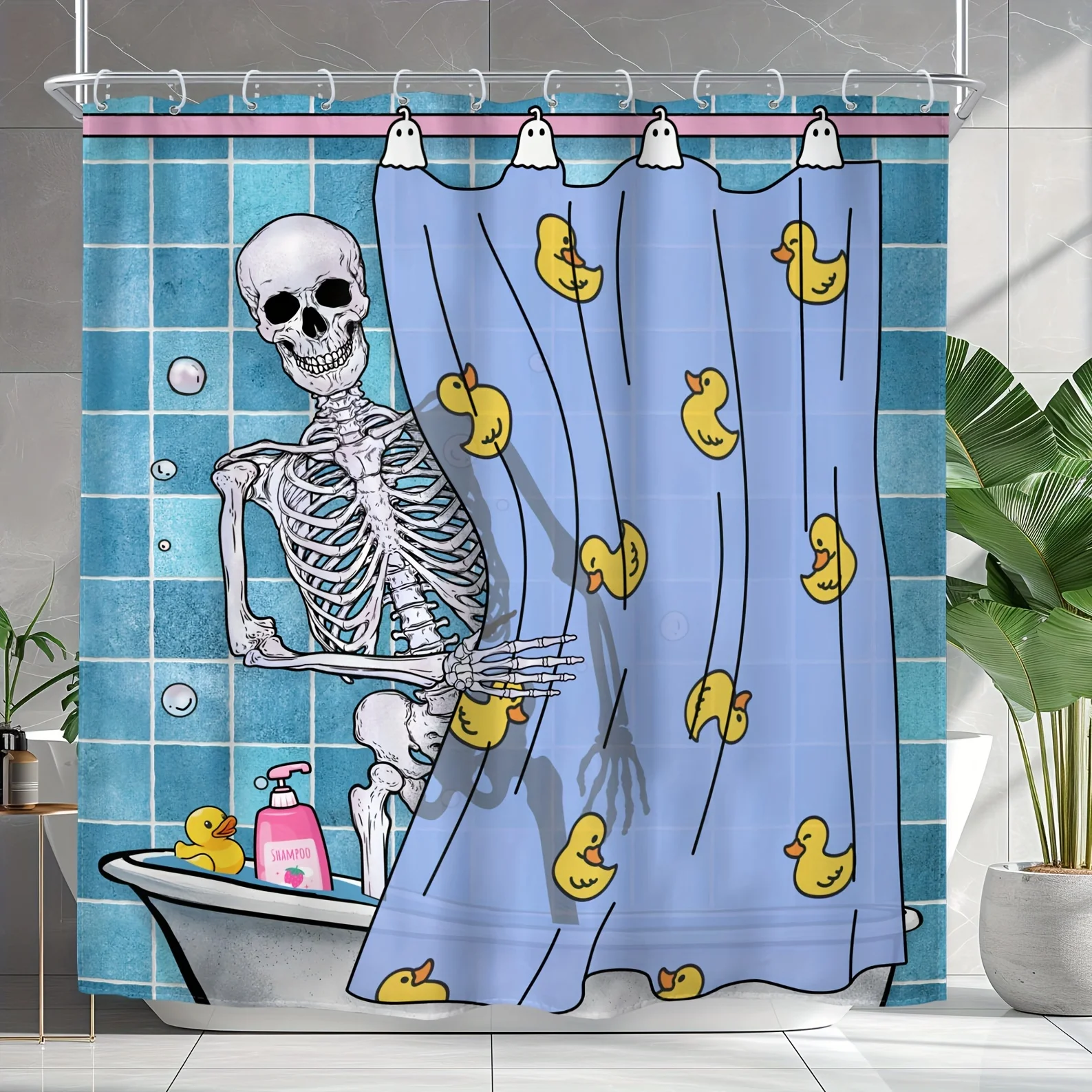 

"Cartoon Skeleton in Bath Shower Curtain – Funny Halloween Design with Rubber Ducks, Spooky Bathroom Decor, Waterproof Fabric"