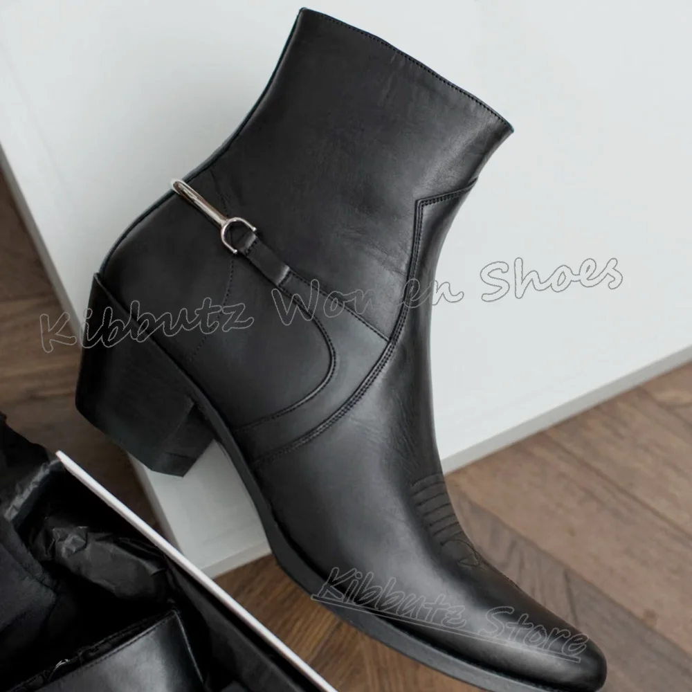 Ankle Chelsea Boots Metal Chain Leather Solid Color Slip-On Pointy Chunky Heels Fashion Luxury Elegant Concise Women Shoes New