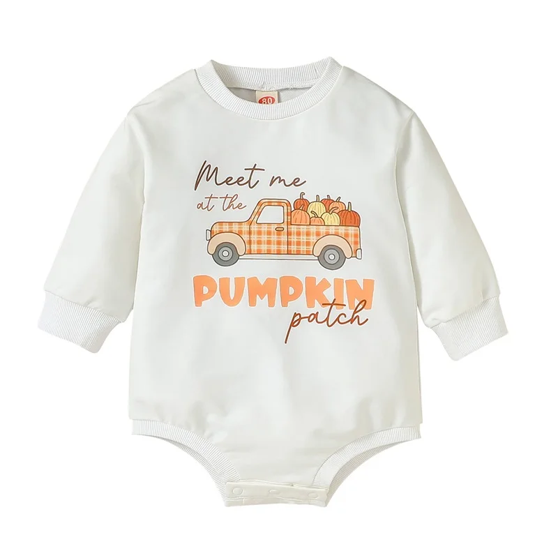 Newborn Baby Girls Long Sleeve Halloween Rompers Infant Pumpkin Print Round Neck Jumpsuits