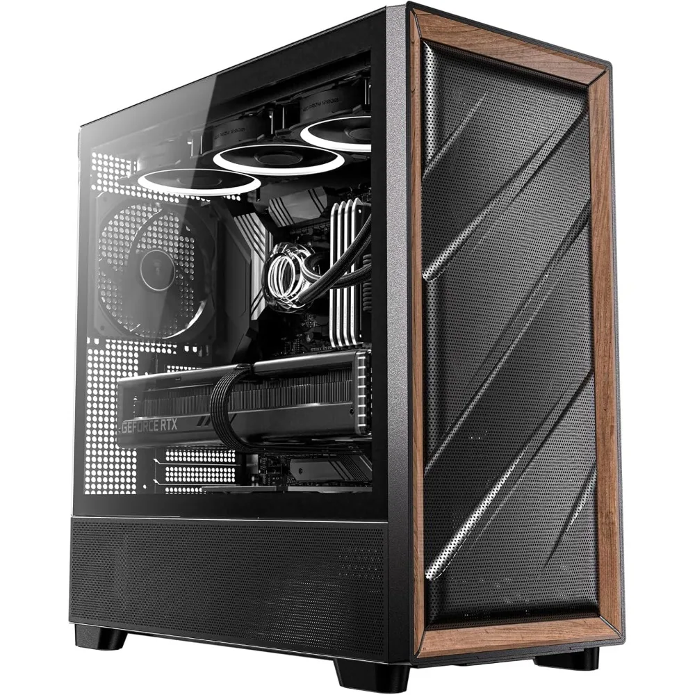 Mid-Tower E-ATX PC Case, 5 x PWM Fans Included, Walnut Wood Panel, Type-C, 420mm Radiator, Up to 9 Fans Simultaneously