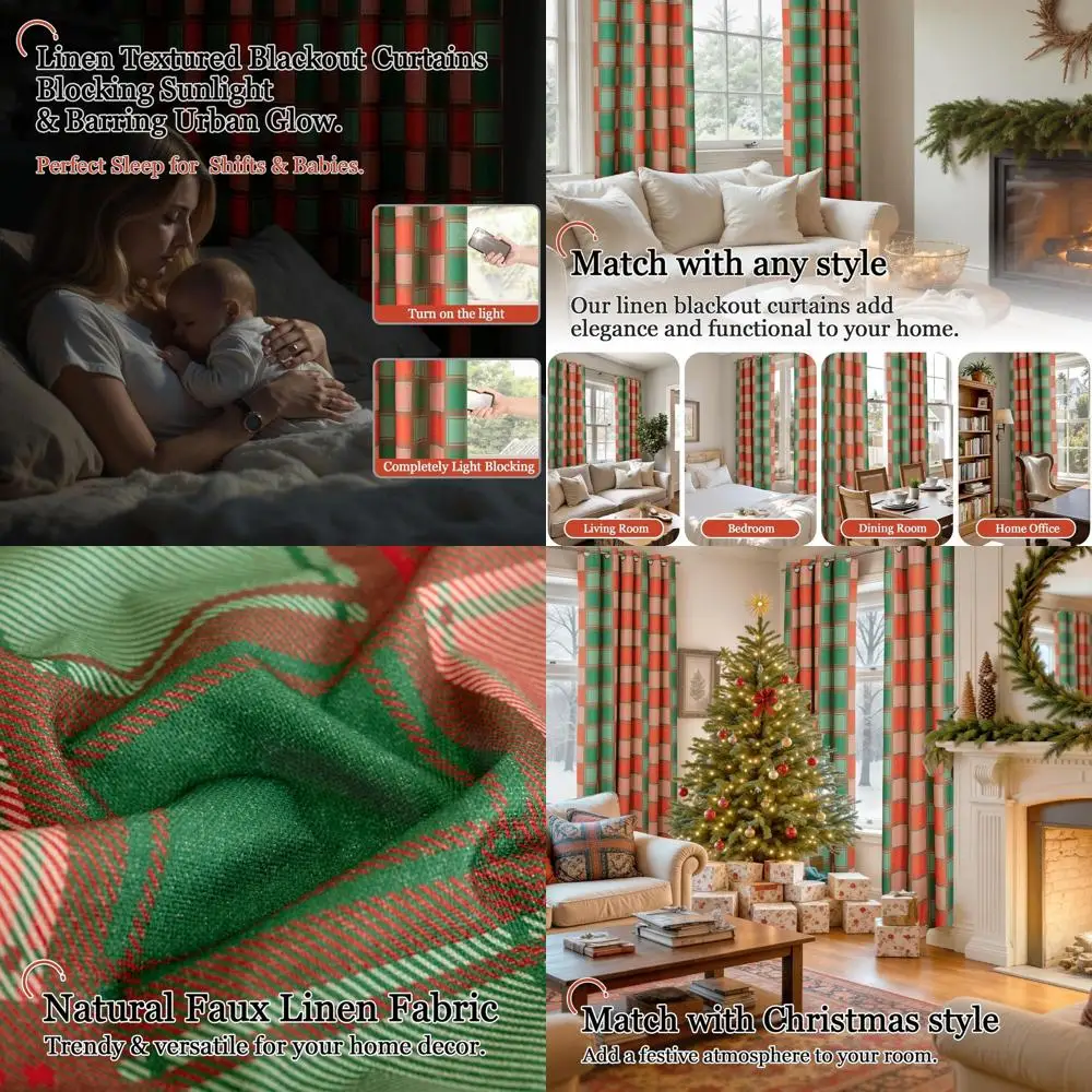 

Льняные светонепроницаемые шторы в клетку, удлиненные, для коттеджного/фермерского стиля, 52x96 дюймов, красно-зеленые