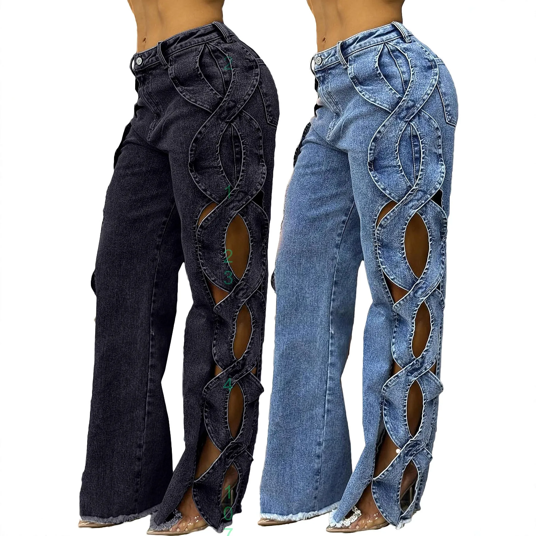 

Spring Summer Women Jeans Side Hollow Out S Line Denim Patchwork Pants Trousers