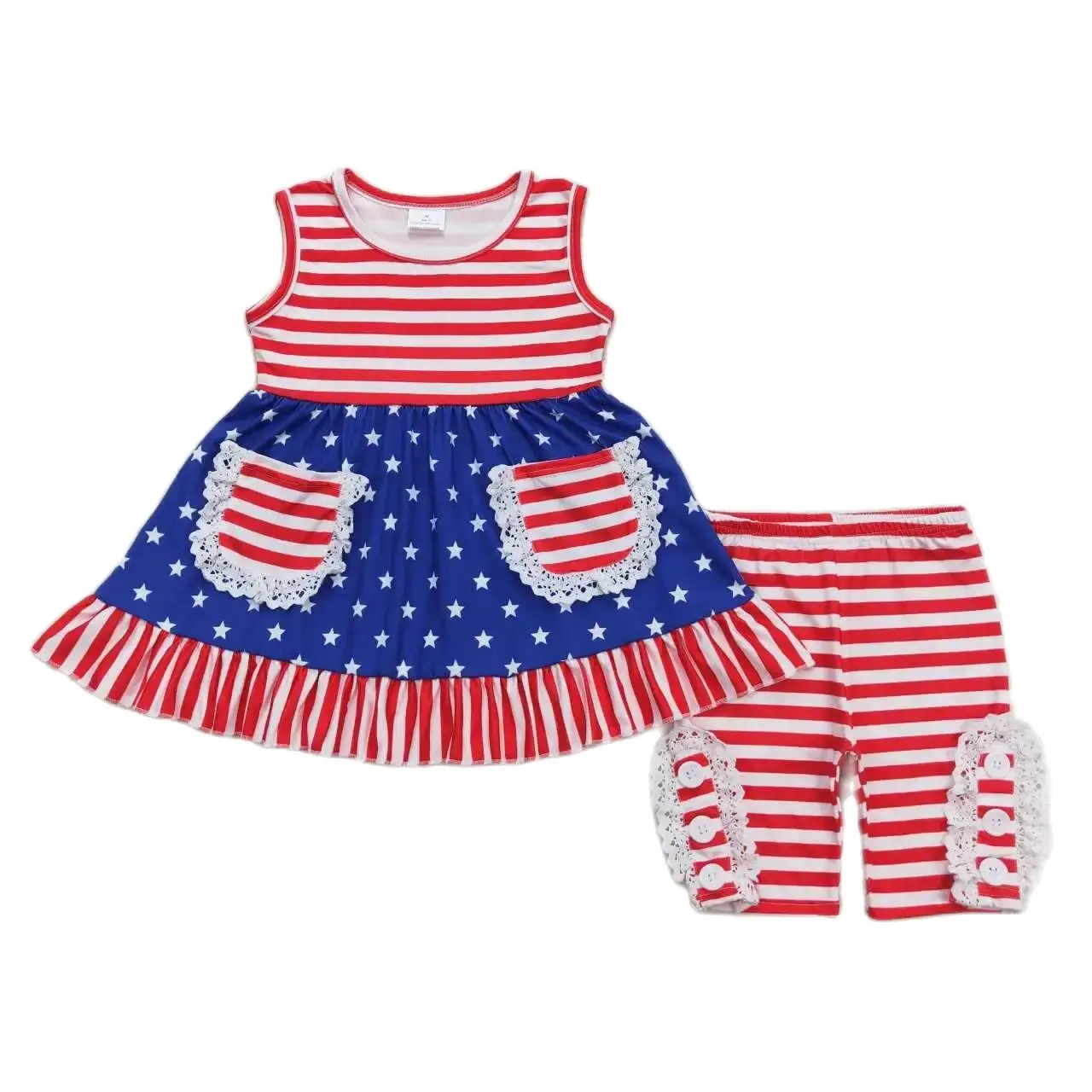 

Toddler girls July 4th blue stars Outfits Clothes Baby Short Sleeves Top red Shorts Kids Clothing Wholesale boutique summer set