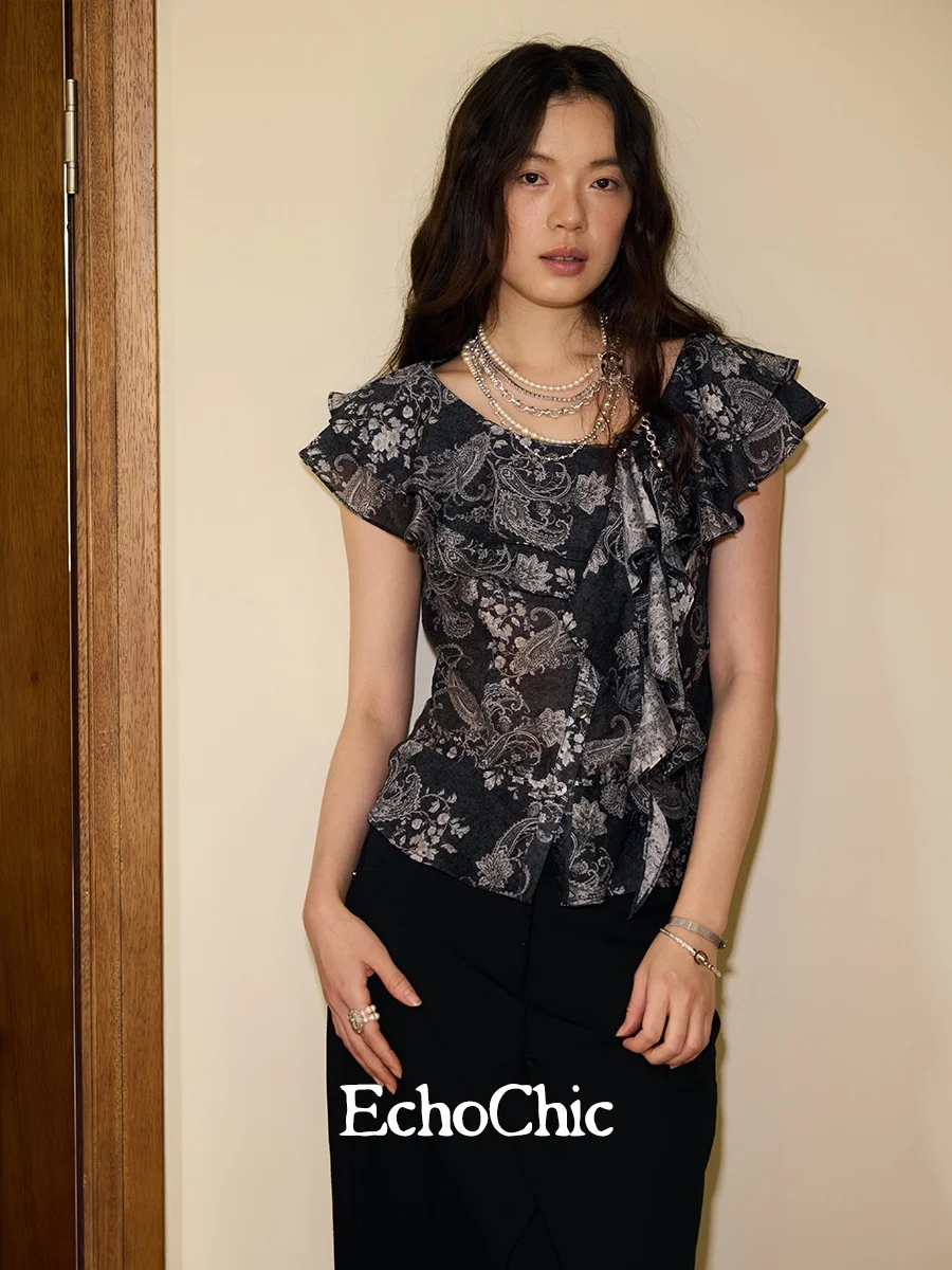 

EchoChic Double Layer Collar Shirt Breathable Lenzing Fly Sleeve Short Length Slim Fit Women's Shirt with Sash Casual Style