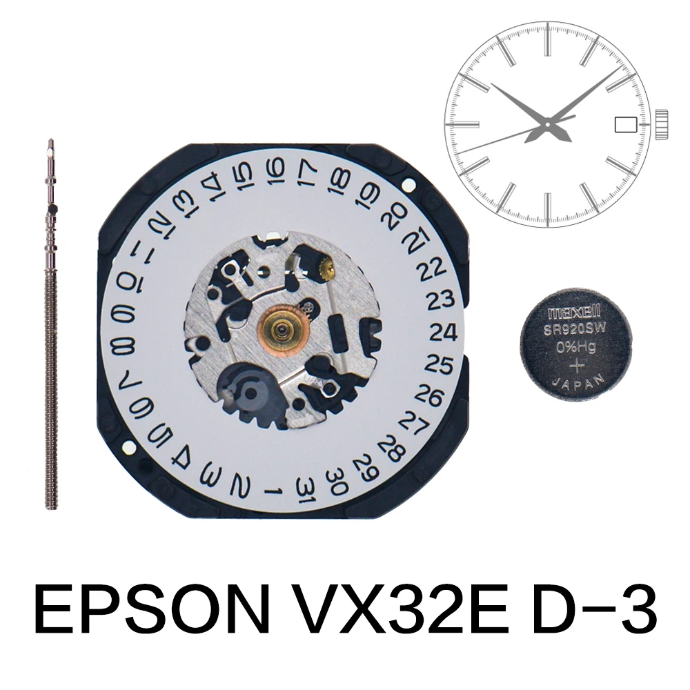 Epson VX32 Japan Quartz Movement Calendar Series VX32E Quartz Movement 3 Hands/Date at 3 Size:10 1/2''' Display