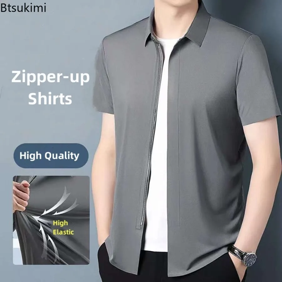 

New Men's Business Casual Short Sleeve Shirts Summer Solid Zipper Cardigan Tops High Elastic Wrinkle Resistant Men Dress Shirts