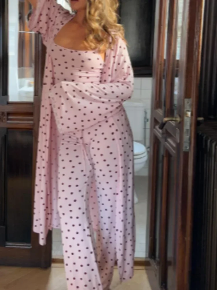 Casual Three-piece Pajama Set Women Fashion Pink Dot-print Sling Top Pants Sleeping Gown 2026 New Lady Chic Daily Home Outfits