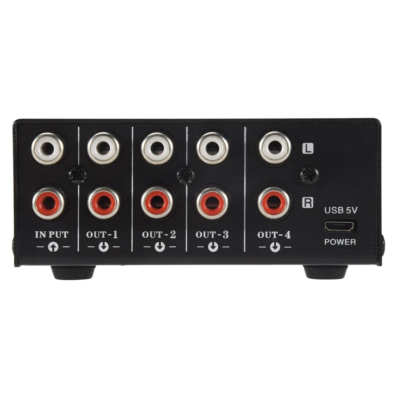 

AB97-1 In 4 Out Stereo Signal Source Splitter Audio Frequency Signal Distribute Device Non Consumption Output RCA Interface