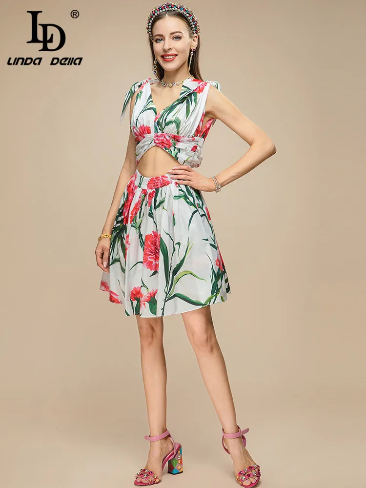 LD LINDA DELLA Designer 2023 Summer Holiday Cotton Dress Women Bow V-neck carnation Flower print Sexy Backless Dress