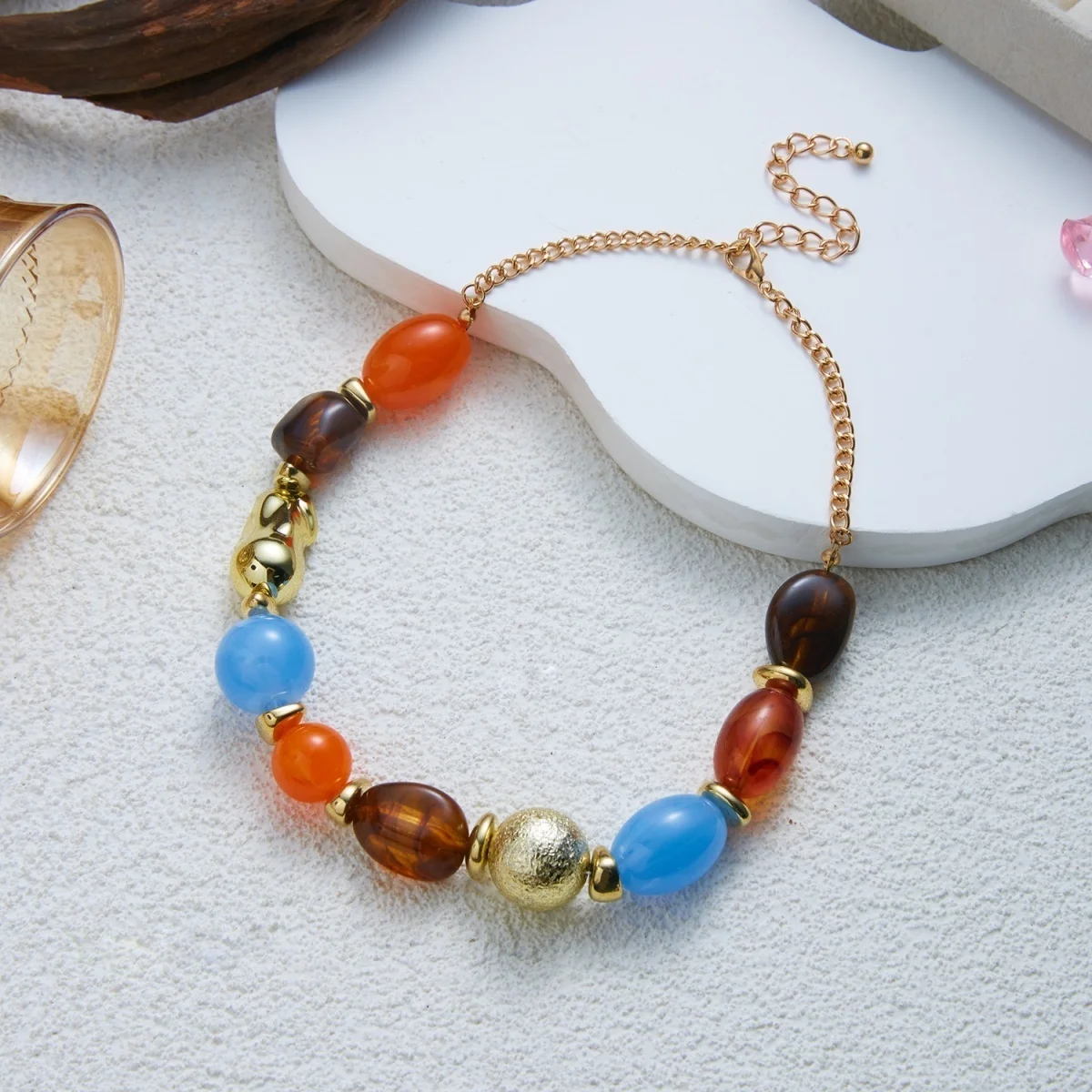 Klobige Unregelmäßige Acryl-Perlenkette für Damen und Herren, Bunte Imitations-Natursteinperlen-Halskette, Vintage-Punk-Schmuck – Detail 27