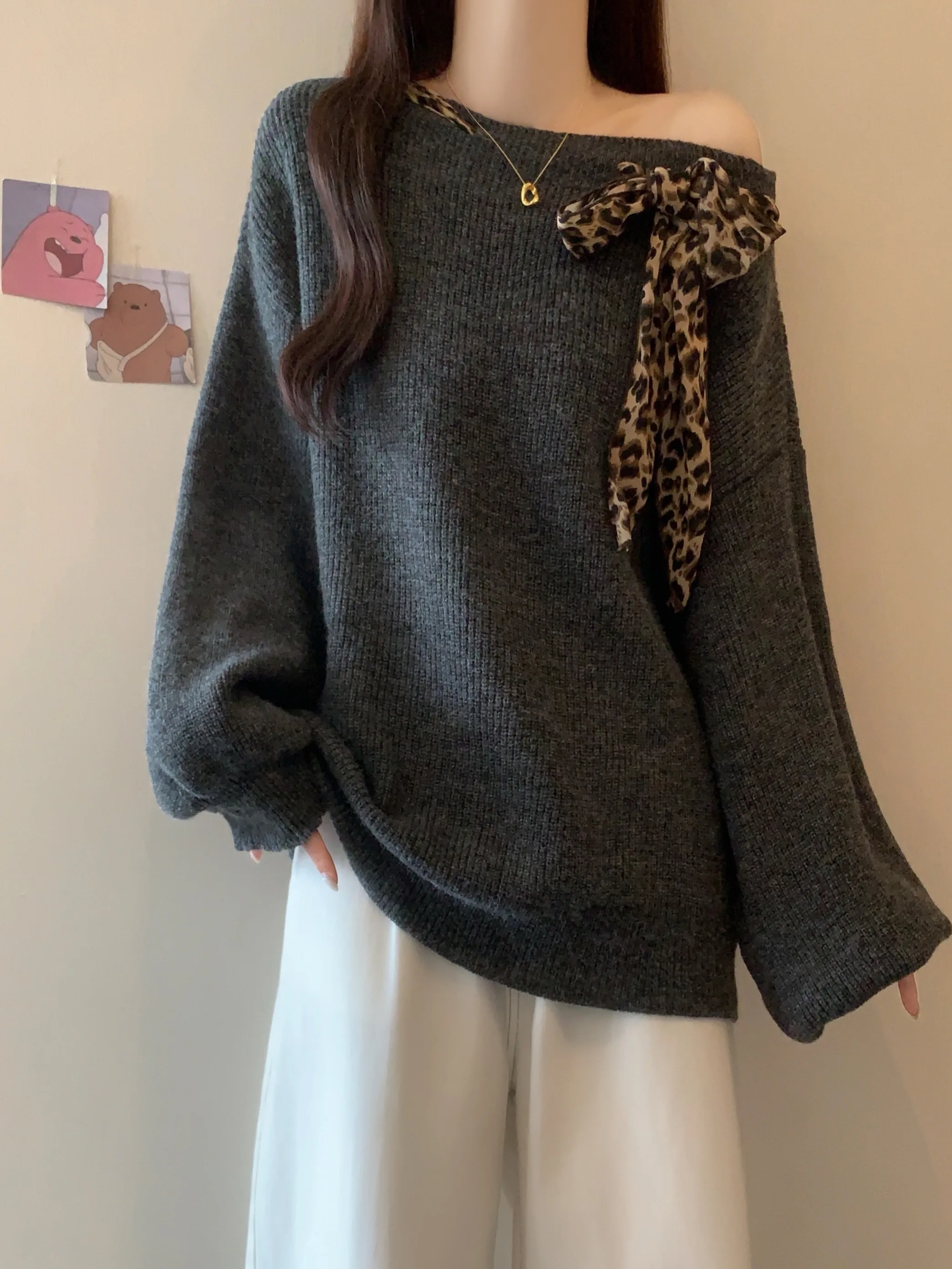 

plus Size Women's Vintage Leopard Print Belted oulder Bared Long Sve Knitwear Autumn Winter Loose Fit oulder Bared Top