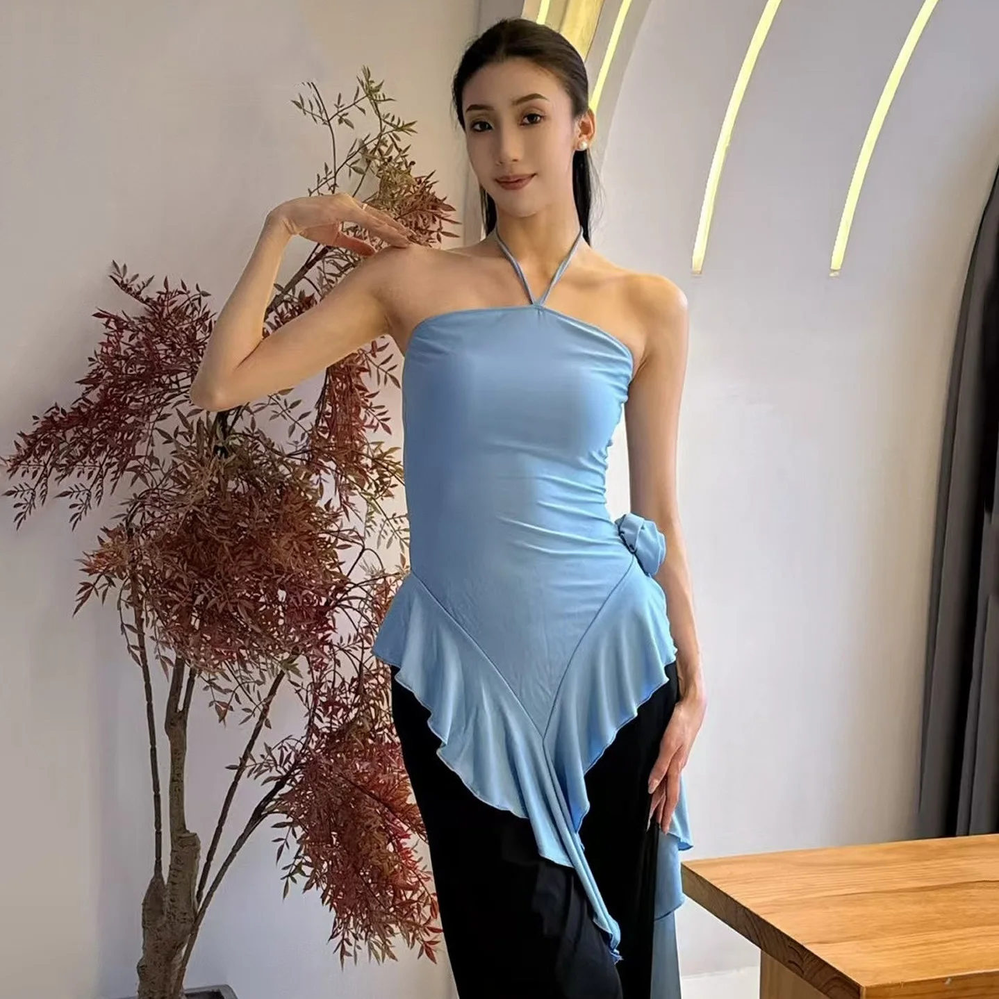 

Summer Latin Dance Tops Halter Neck Blue Black Tops Adult Ballroom Dance Clothes Adult Salsa Dance Wear Practice Clothes BL15827