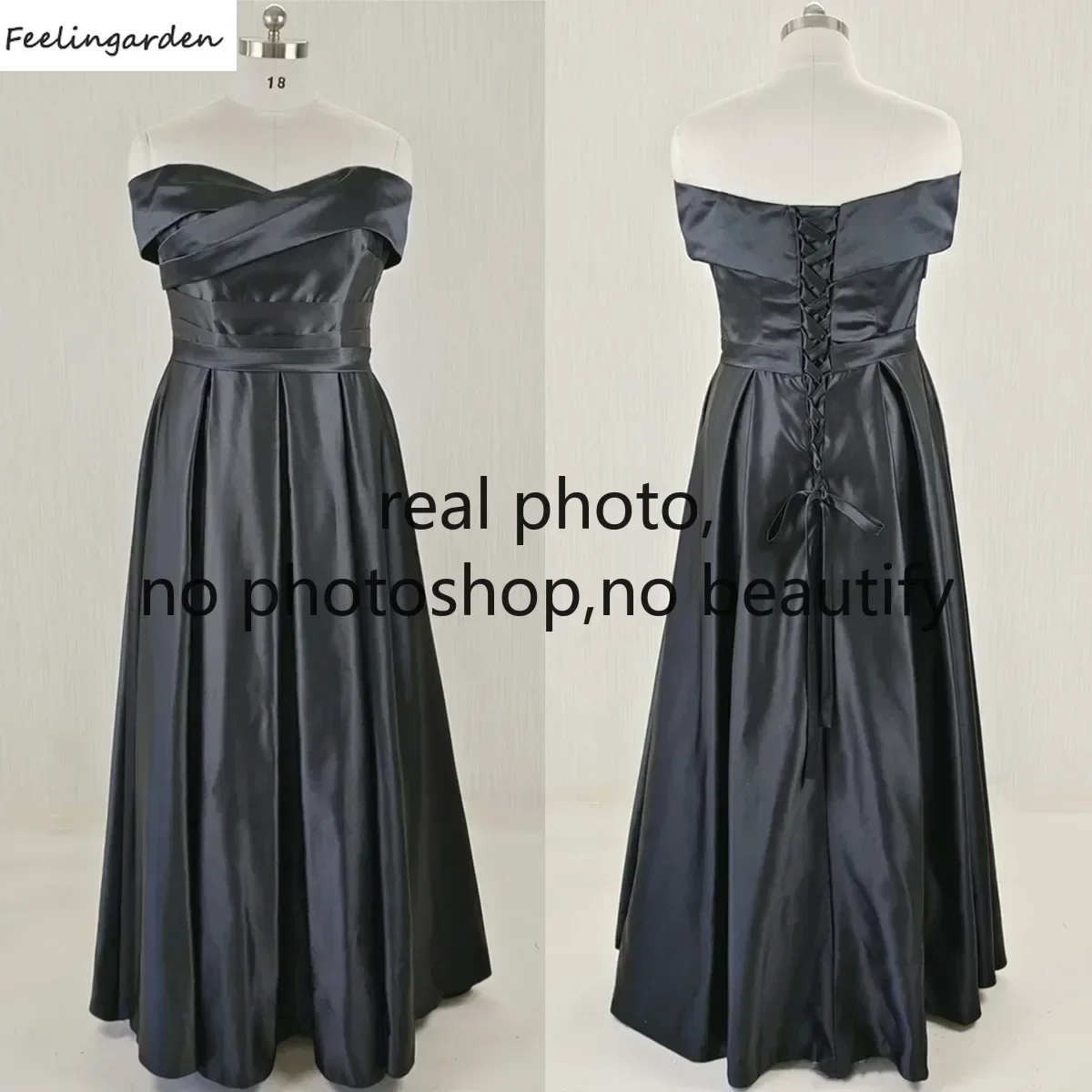 Feelingarden Real Photo Customized Black Evening Dress Satin Off the Shoulder A-line Floor Length Plus sizw Woman Party Gowns