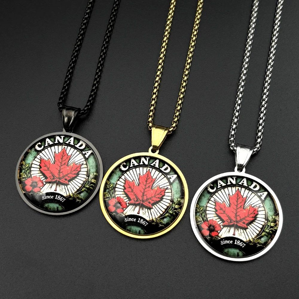 Canada Maple Leaf Pendant Necklace For Women Men Stainless Steel Gold Color Glass Window Peace Culture Flower Chain Jewelry view 2
