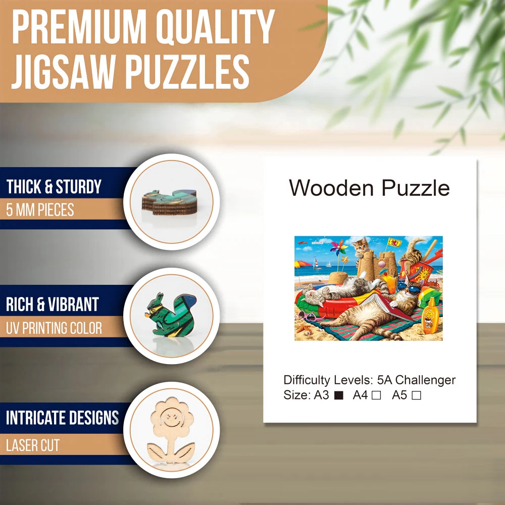 Kot na wakacjach drewniana sztuka Puzzle Jigsaw, unikalne elementy w kształcie zwierząt, DIY gra rekreacyjna fajna zabawka na prezent odpowiednich