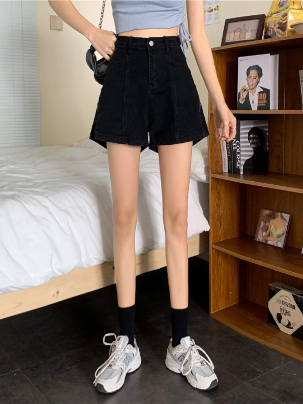 High Waist Side Zipper Denim Shorts Women's Autumn 2023 New Korean Version plus Size Slimming Wide Leg A-Line Hot Pants